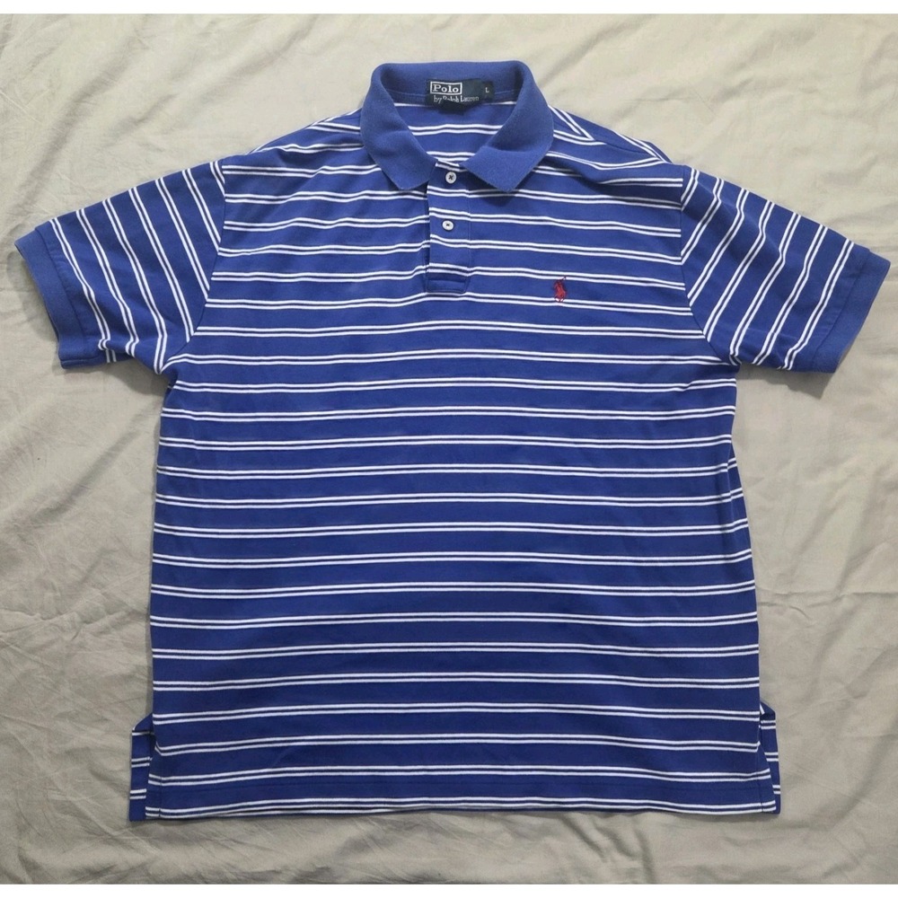 Polo Ralph Lauren Striped Polo Shirt Mens L Blue White Pony Logo Short Sleeve